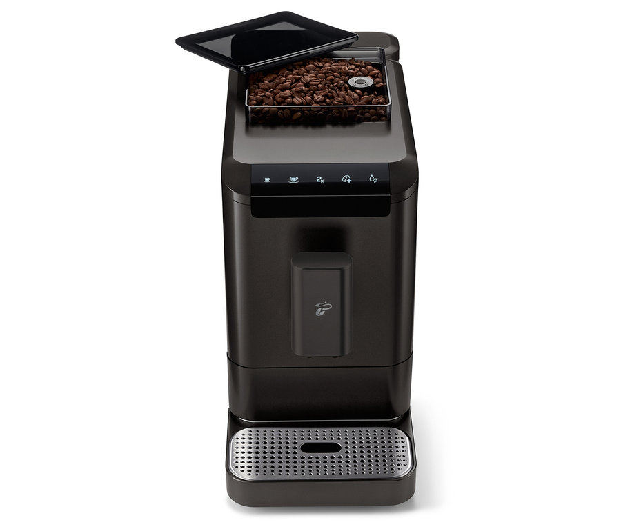 Čelný pohľad na plne automatický kávovar »Esperto2 Caffè« vo farbe Granite Black s otvoreným zásobníkom na kávové zrná.