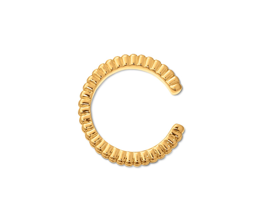 Zlatá náušnica Ear cuff s guľôčkovou štruktúrou na bielom pozadí.