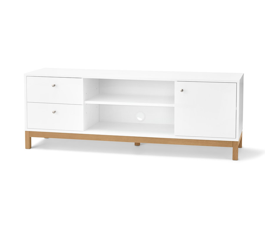 Biely televízny stolík s drevenými nohami, dvoma zásuvkami vľavo a skrinkou vpravo.