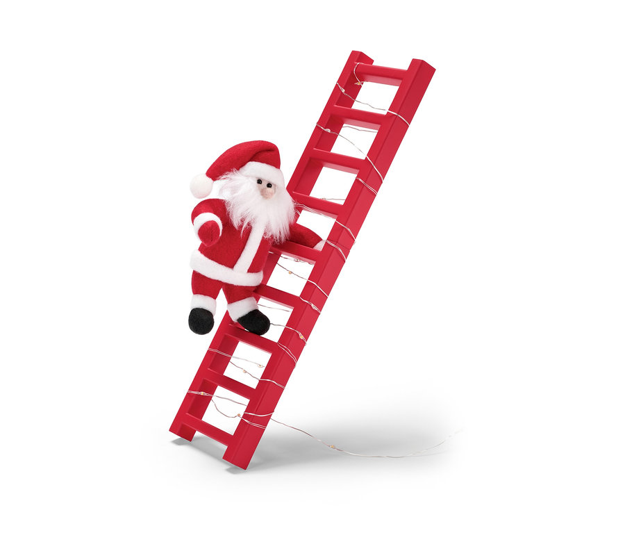Bábika Santa Clausa lezie po červenom rebríku s LED svetelnou reťazou, súprava vianočných ozdôb.