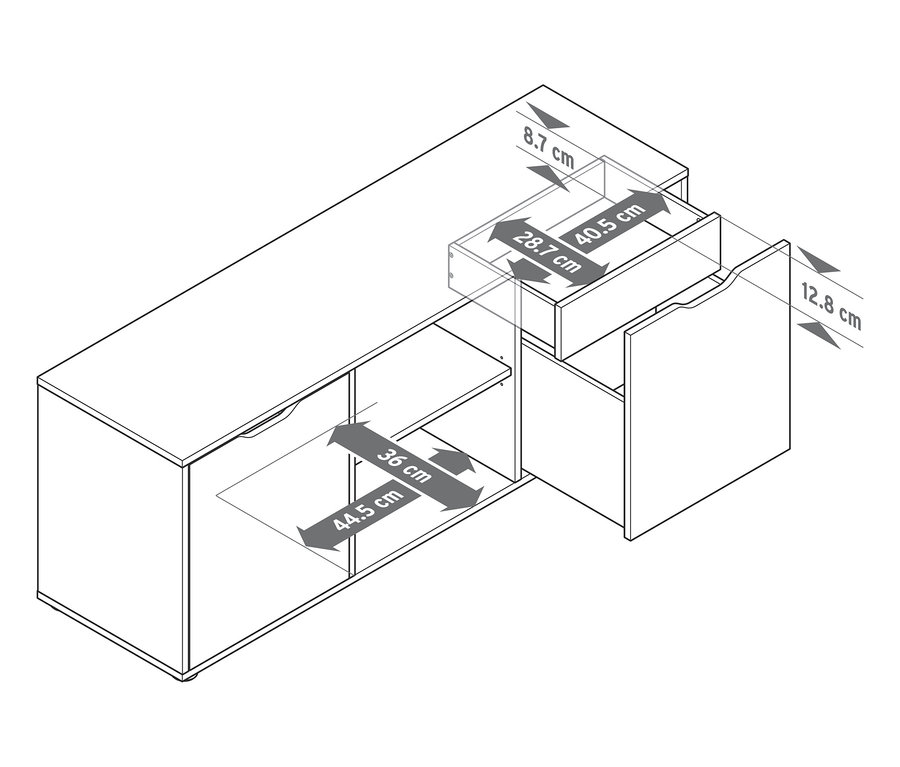 Komoda so zásuvkami s otvorenou zásuvkou a dvierkami a rozmermi.