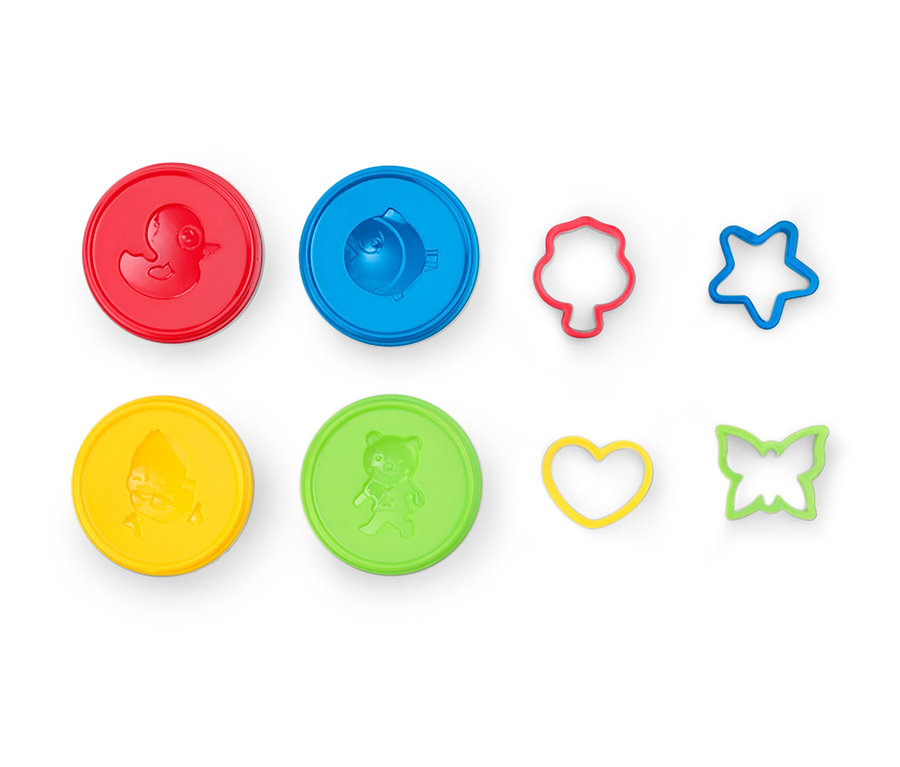 Súprava s plastelínami: červená kačica, modrá ryba, červený strom, modrá hviezda, žltý klaun, zelený medveď, žlté srdce a zelený motýľ.