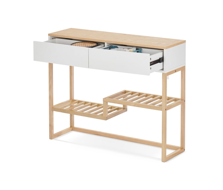 Detail konzolového stolíka so zásuvkami, pričom jedna zásuvka je otvorená.