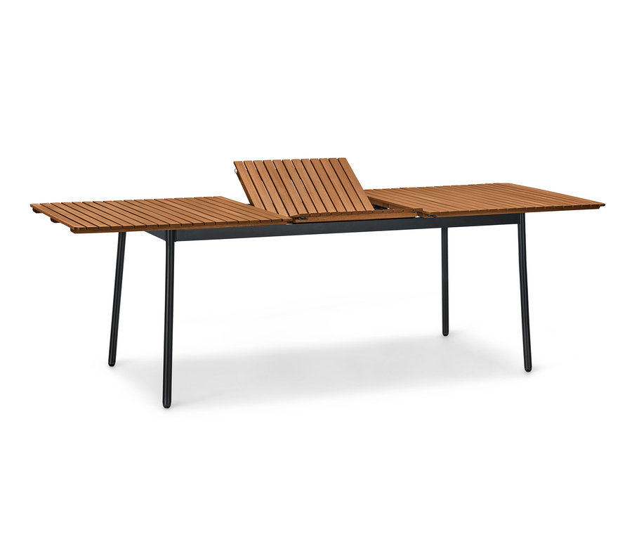 Rozkladací stôl »Elin« s hliníkovými nohami a drevenou doskou, čiastočne rozložený.