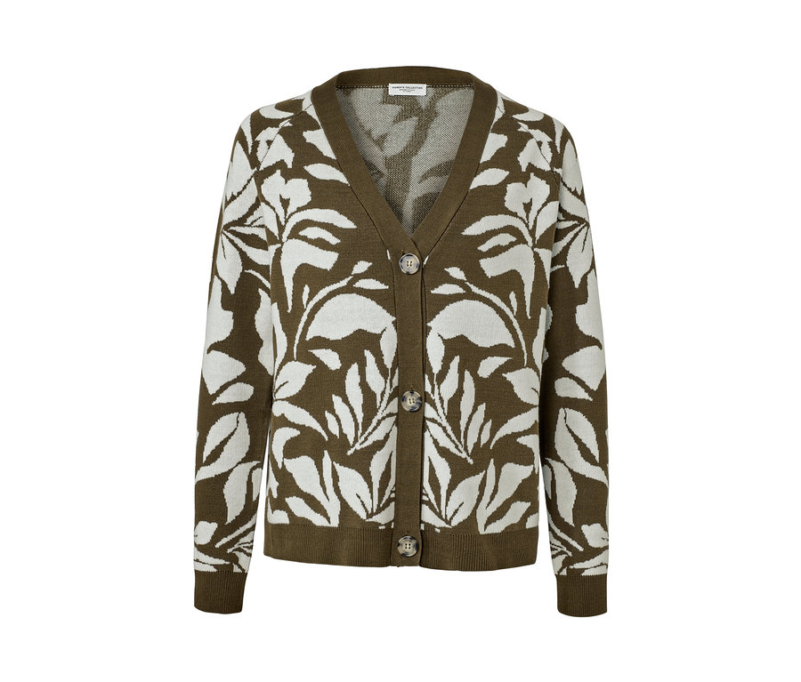 Zelený kardigán z hrubej pleteniny so žakárovým vzorom s bielymi listami.