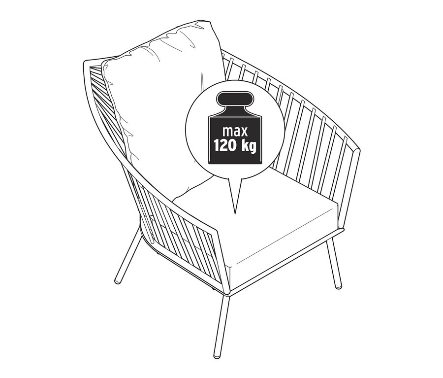 Ilustrácia relaxačného kresla s textilným výpletom a maximálnou nosnosťou 120 kg.