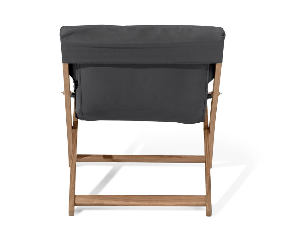 Pohľad zozadu na antracitové skladacie relaxačné kreslo.