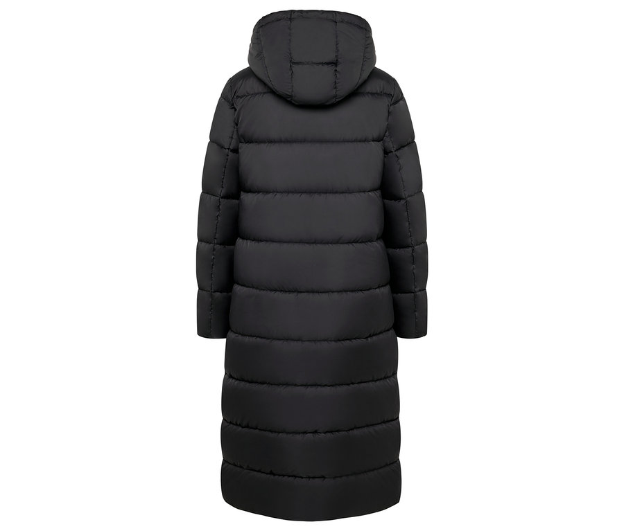 Čierna prešívaná páperová bunda s kapucňou, pohľad zozadu.