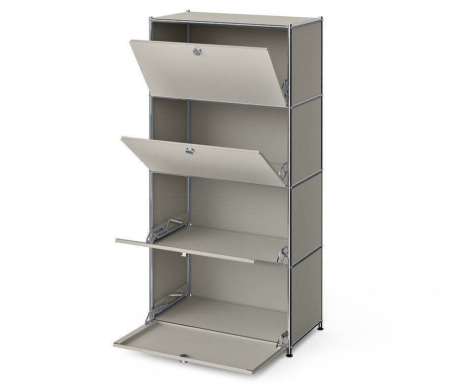 Sivý modulárny regál so štyrmi poschodiami, pričom horné dve dvierka sú otvorené.