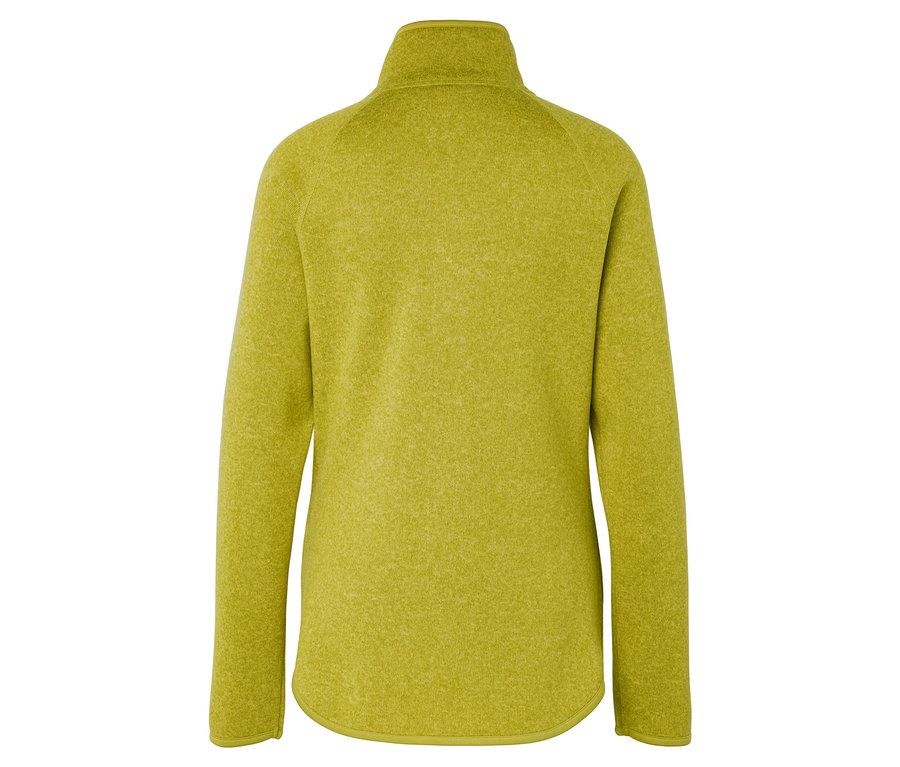 Pohľad zozadu na žltozelený flísový pulóver so zipsom.