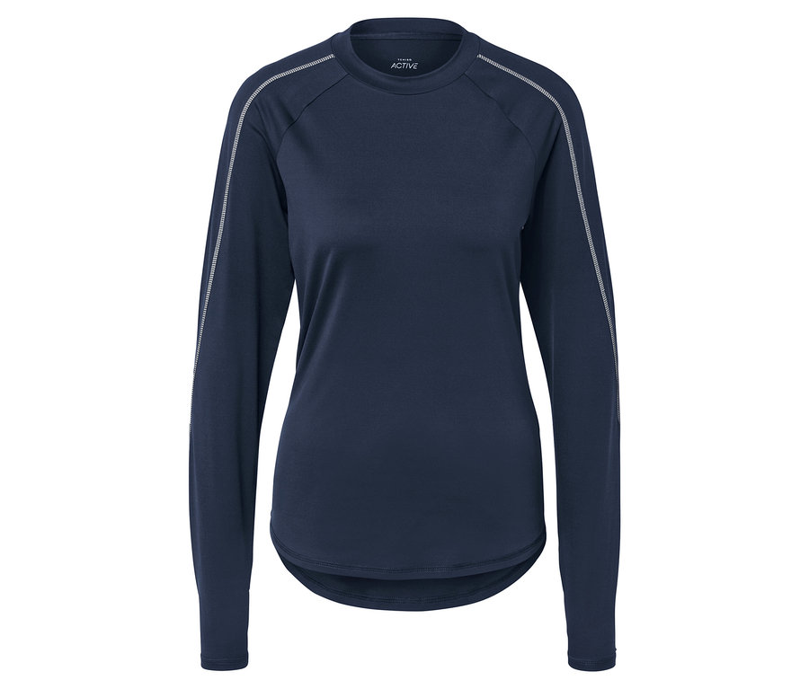 Tmavo modré tričko s dlhým rukávom a bielymi detailmi na rukávoch.
