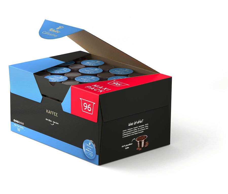 Otvorené balenie 96 kapsúl jemnej kávy.