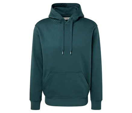 Tmavozelená mikina s kapucňou a klokaním vreckom.
