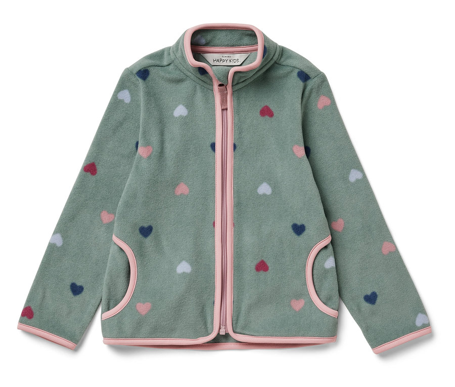 Zelená fleecová bunda so zipsom a vzorom srdiečok.