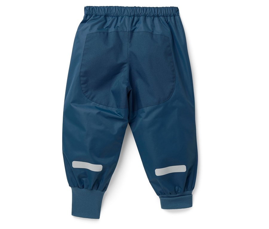 Modré detské nohavice s elastickým pásom a reflexnými pruhmi na nohaviciach.