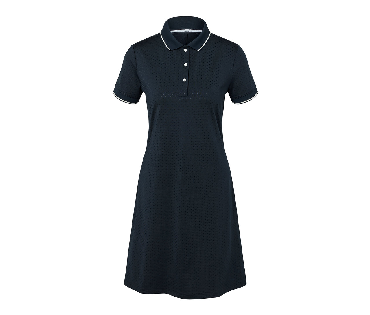 Tmavomodré športové šaty s bielym lemom.