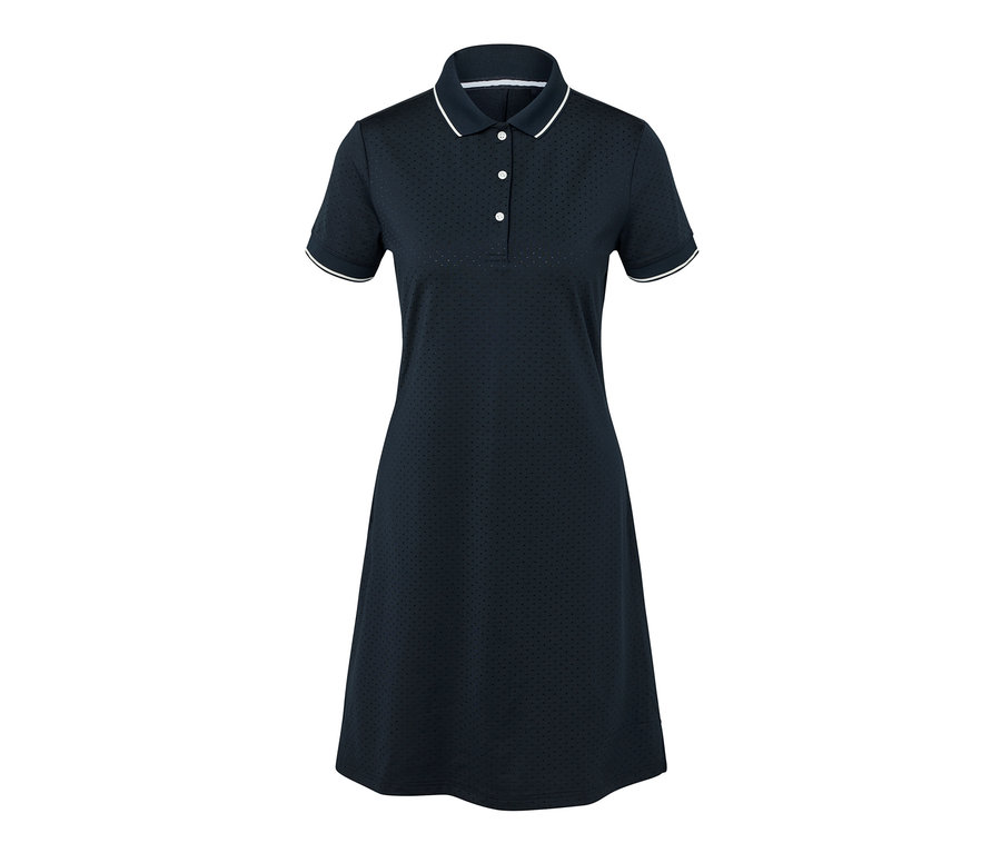 Tmavomodré športové šaty s bielym lemom.