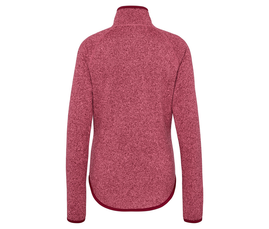 Zadný pohľad na dámsku flísovú bundu s dlhým rukávom a zipsom vo farbe bordó.