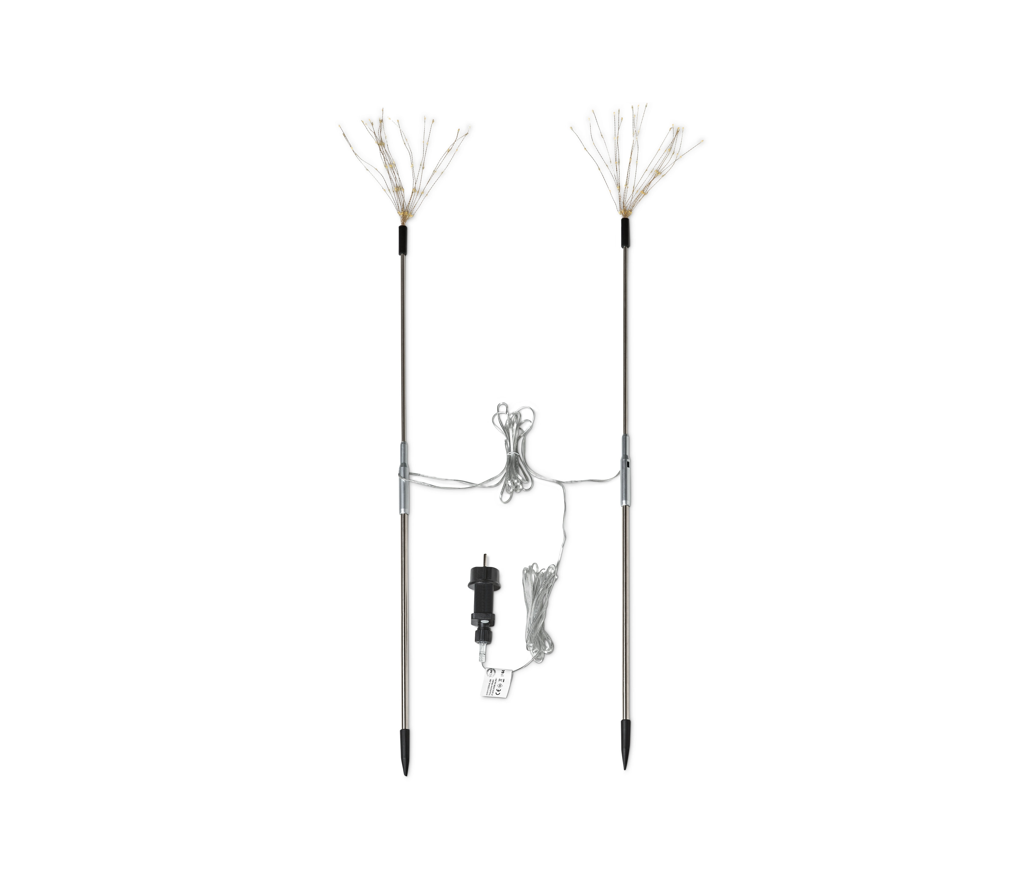 Dve veľké zapichovacie dekorácie do záhrady s LED svetlami na kovových tyčiach a napájacím káblom.