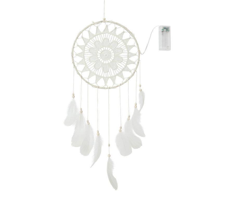 Zavesený lapač snov s LED osvetlením, bielym kruhom a pierkami.