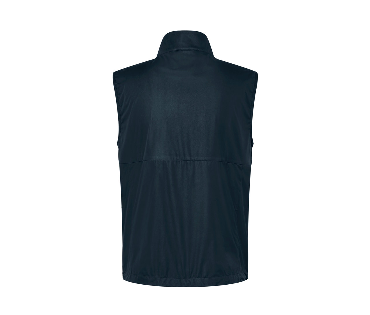 Tmavo modrá softshellová vesta zozadu.