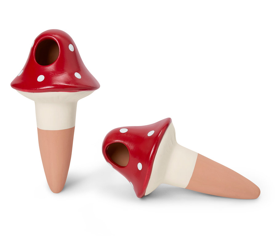 Dve zavlažovacie gule v tvare húb, jedna stojí a druhá leží.