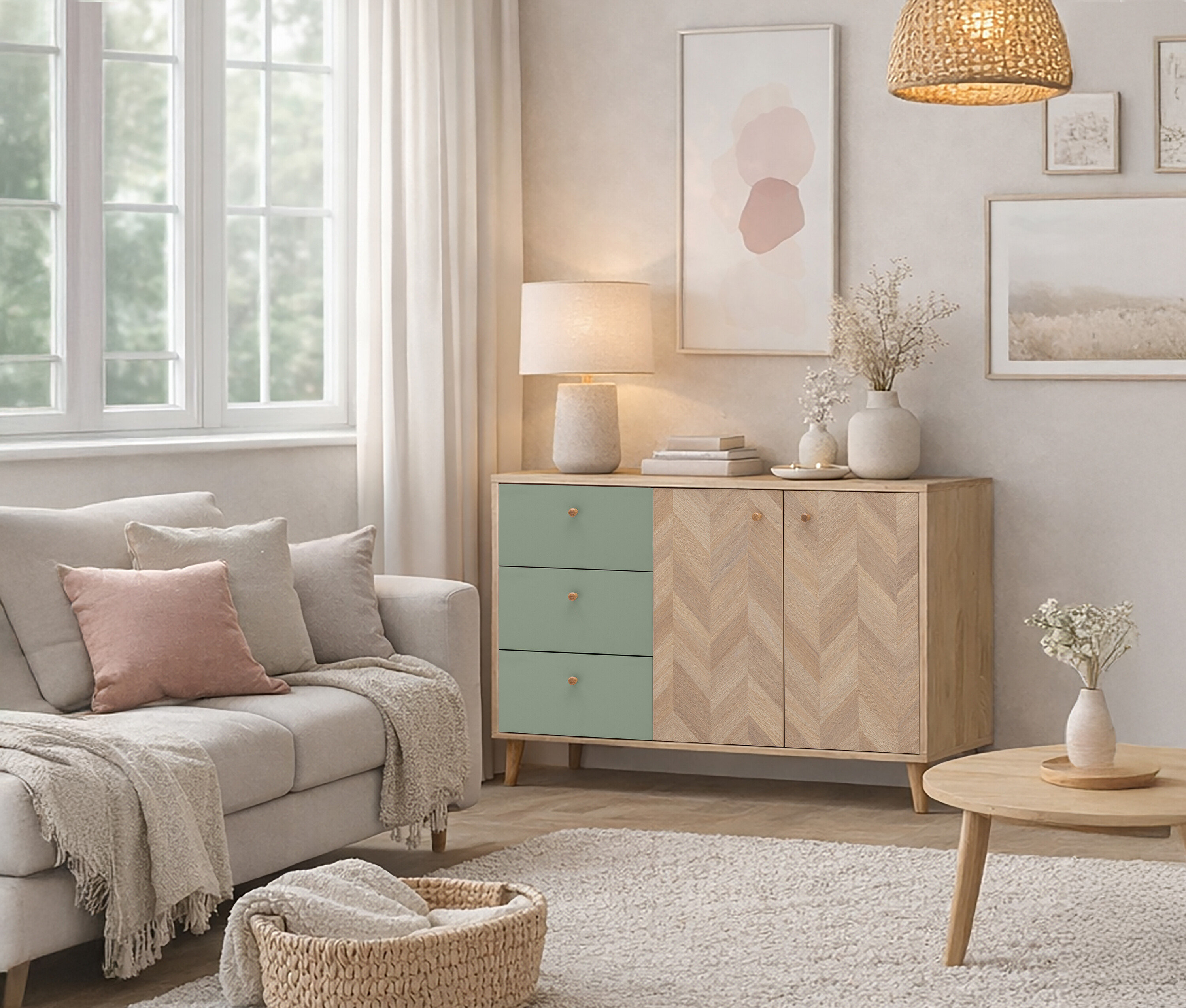 Obývacia izba s pohovkou, komodou so zásuvkami a dekoráciami, kobercom a košom.