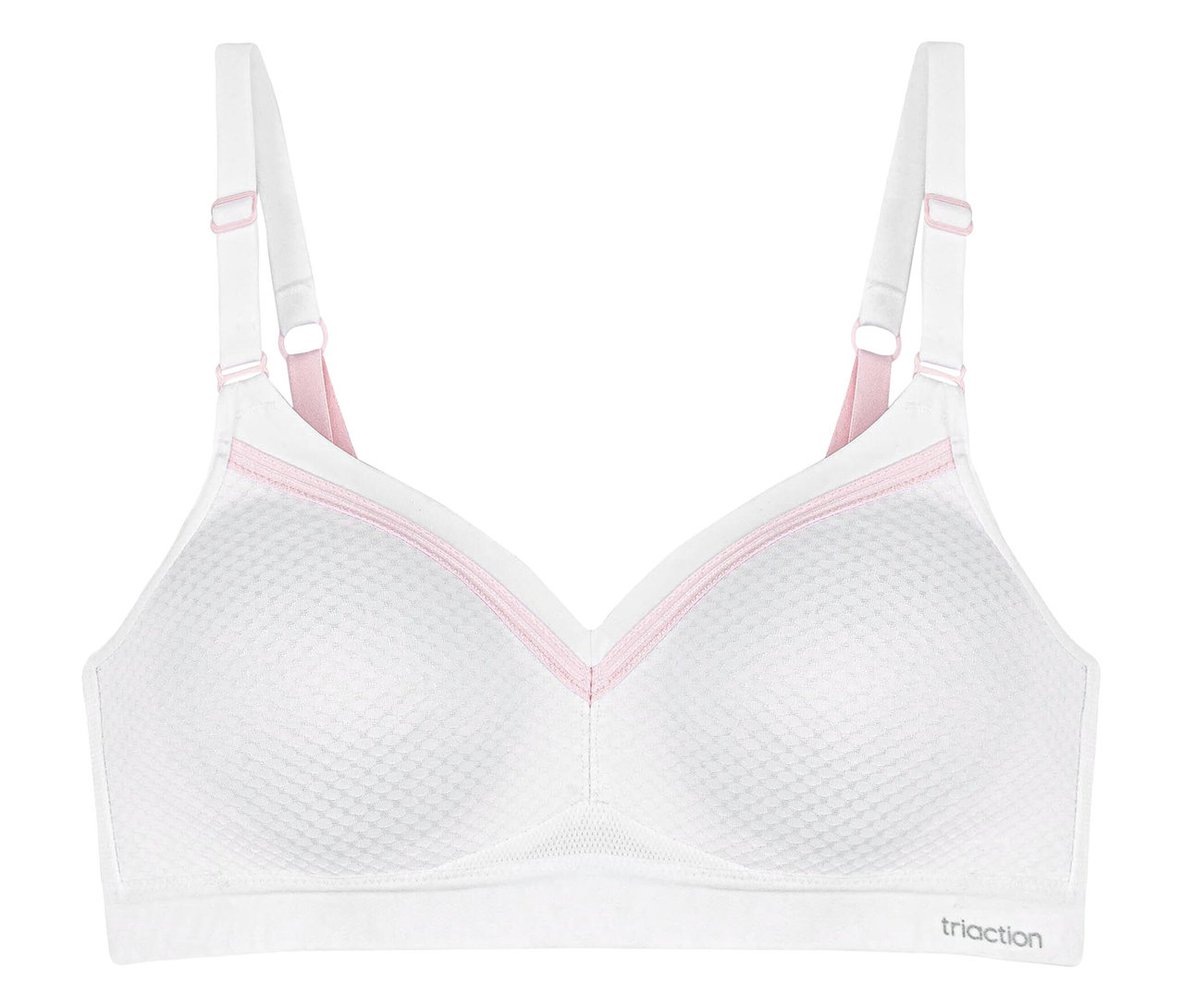 Biela športová podprsenka TRIUMPH Triaction Free Motion N EX s ružovými detailmi.