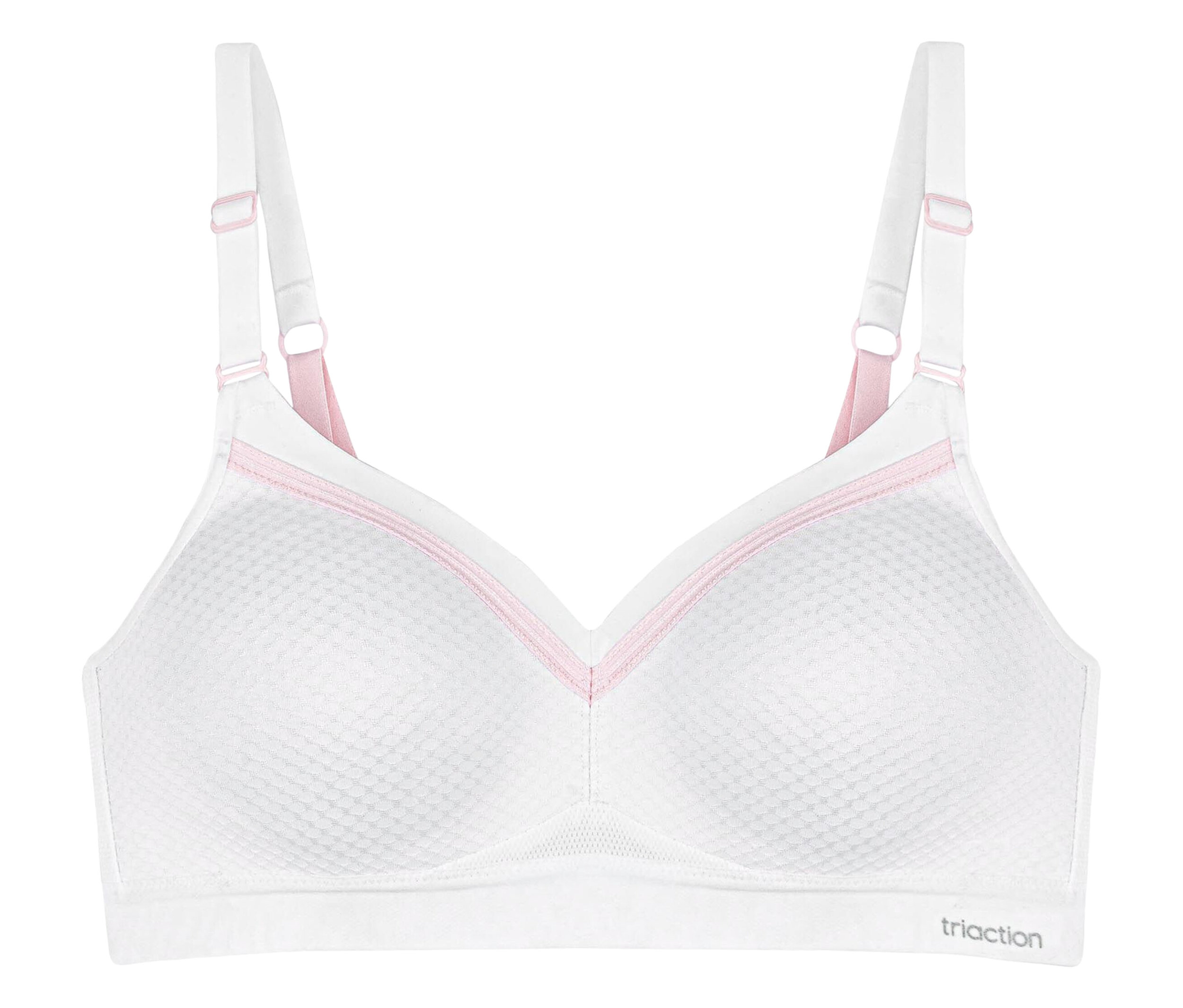 Biela športová podprsenka TRIUMPH Triaction Free Motion N EX s ružovými detailmi.