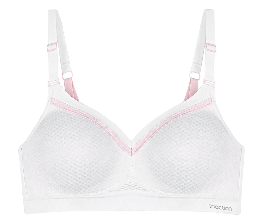 Biela športová podprsenka TRIUMPH Triaction Free Motion N EX s ružovými detailmi.