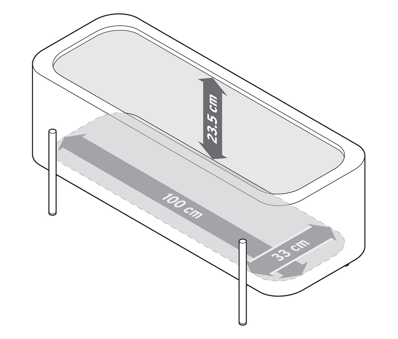 Obrázok lavičky s truhlicou s rozmermi 23,5 cm, 100 cm a 33 cm.