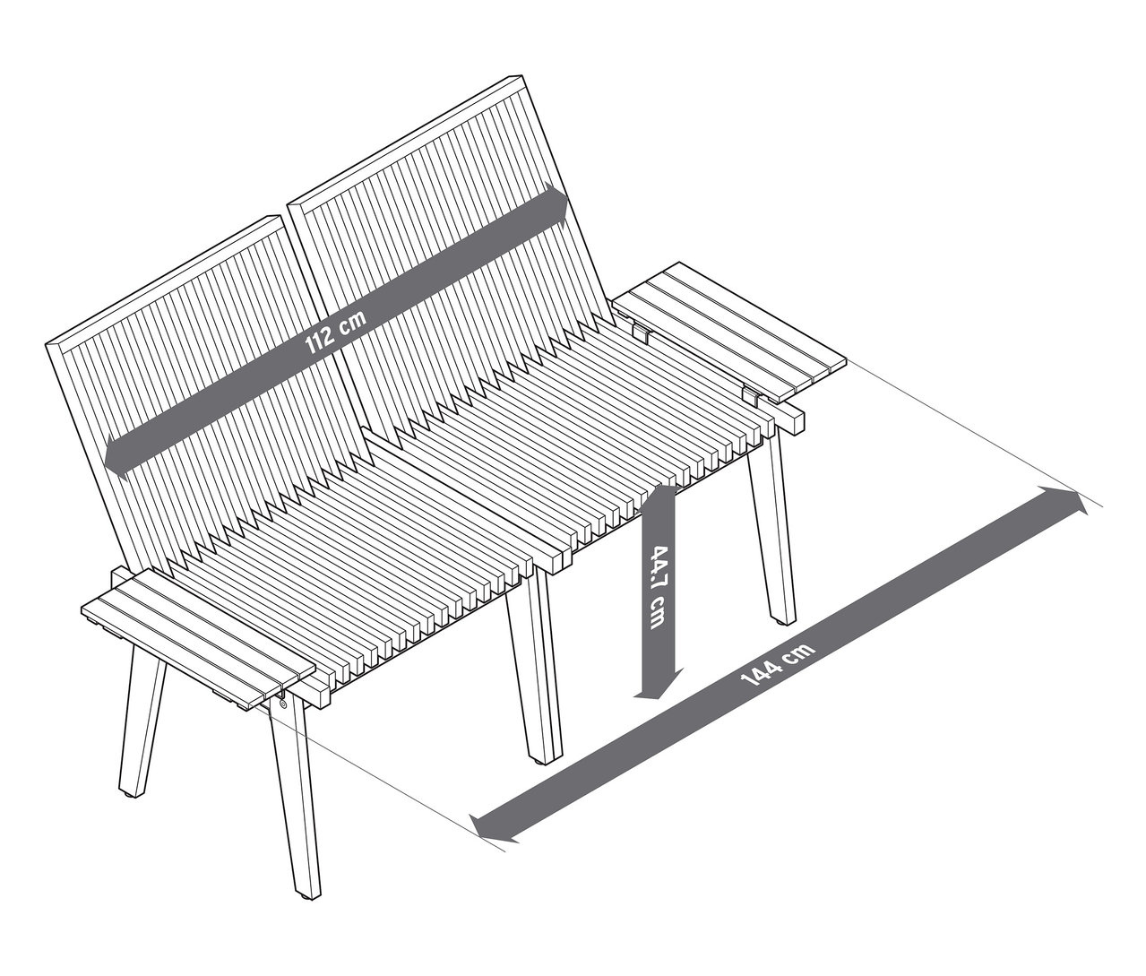 Náčrt flexibilnej lavičky na rozhovory s rozmermi šírky a výšky.