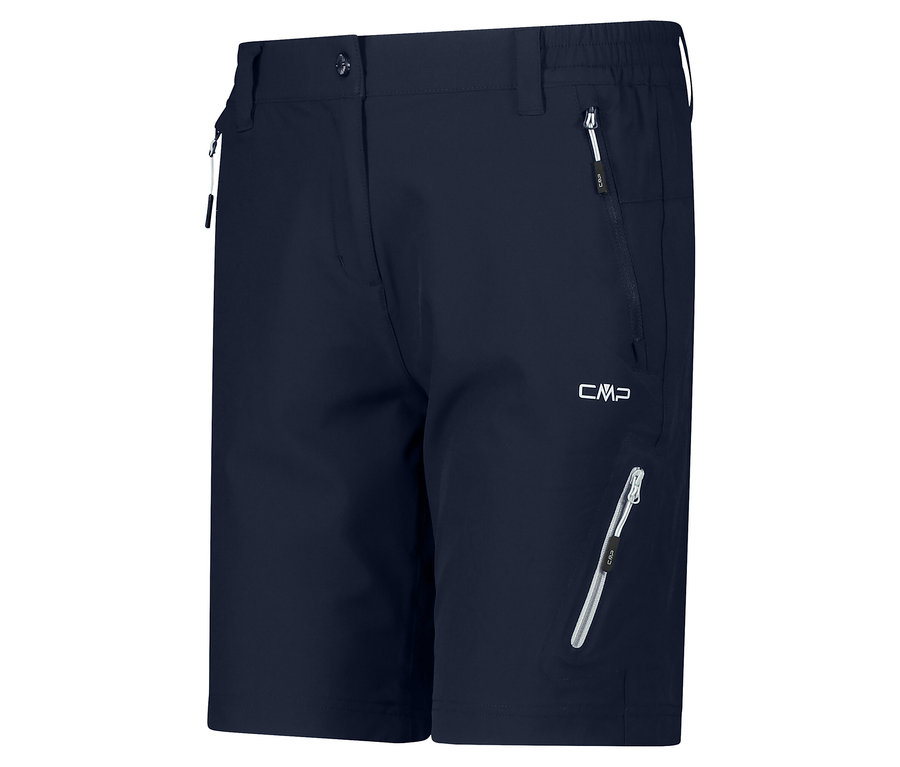 Detail námorníckych modrých šortiek CMP Damen-4-Wege-Stretch-Bermuda-Shorts s vreckami na zips.
