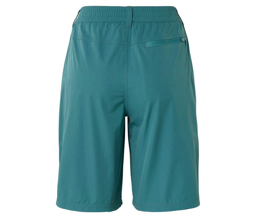 Pohľad zozadu na tyrkysové šortky s elastickým pásom a vreckom na zips.