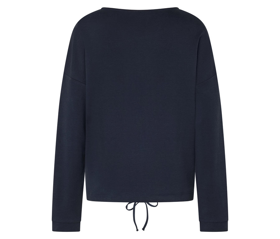 Tmavo modrá mikina s dlhými rukávmi a šnúrkou na leme.