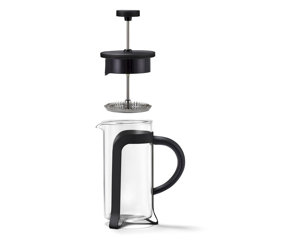Čierna kanvica french press 300 ml s 2 šálkami, rozložená.