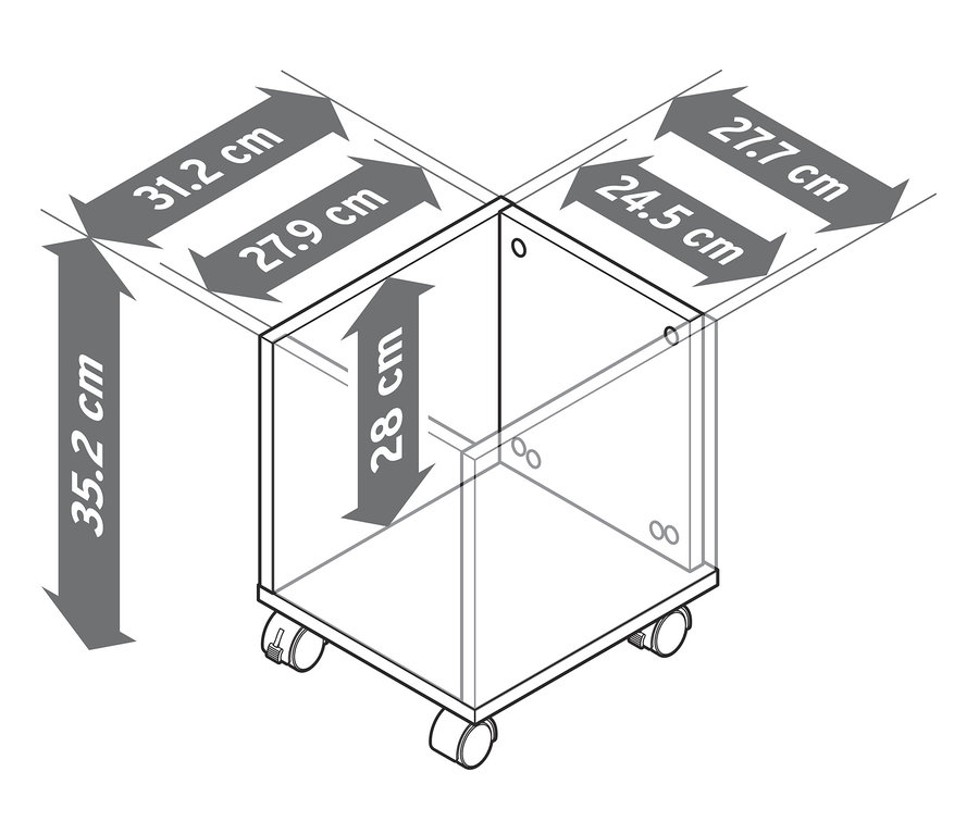 Nákres lavice s úložnými boxmi a multiplexovými hranami s rozmermi.