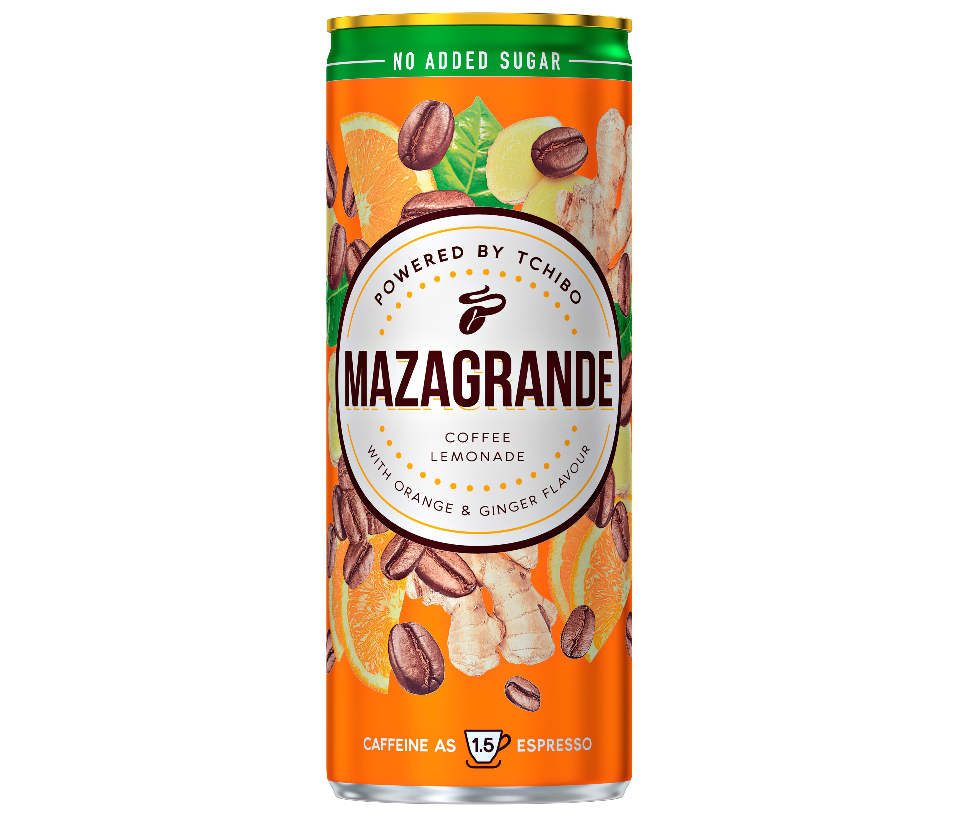 Plechovka Mazagrande Ginger Orange s grafikou pomaranča, zázvoru a kávových zŕn.