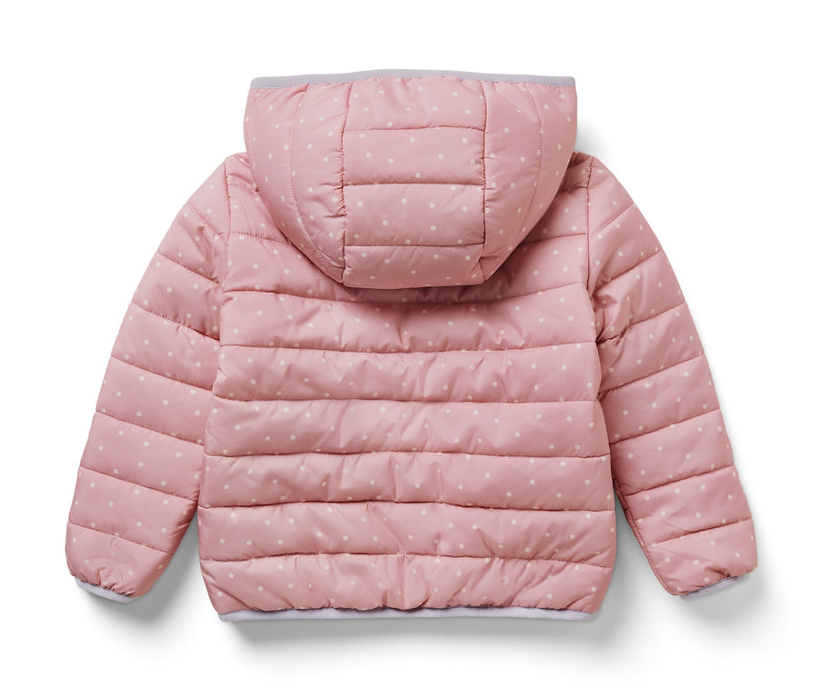 Detská prešívaná bunda staroružovej farby s bielymi bodkami a kapucňou zozadu.