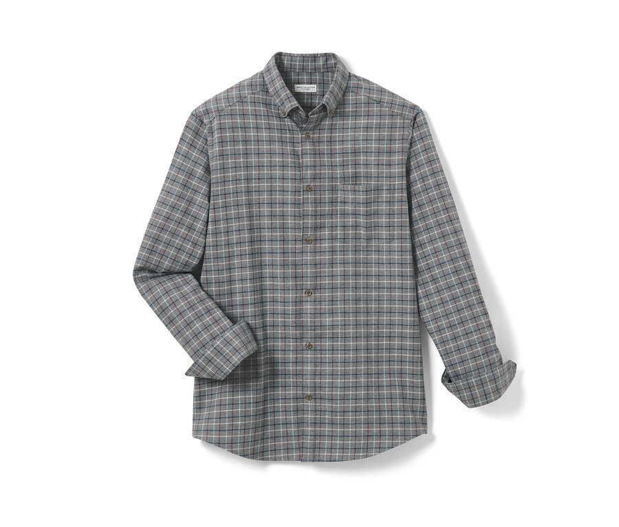 Sivá flanelová košeľa s dlhým rukávom.