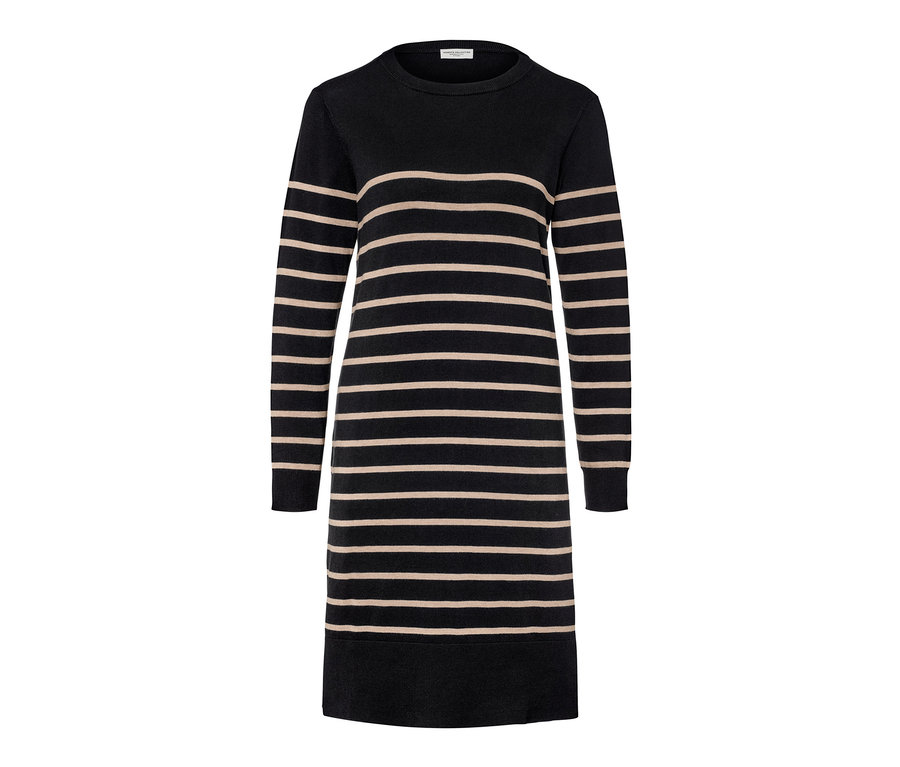 Čierno-béžové prúžkované šaty z jemného úpletu.