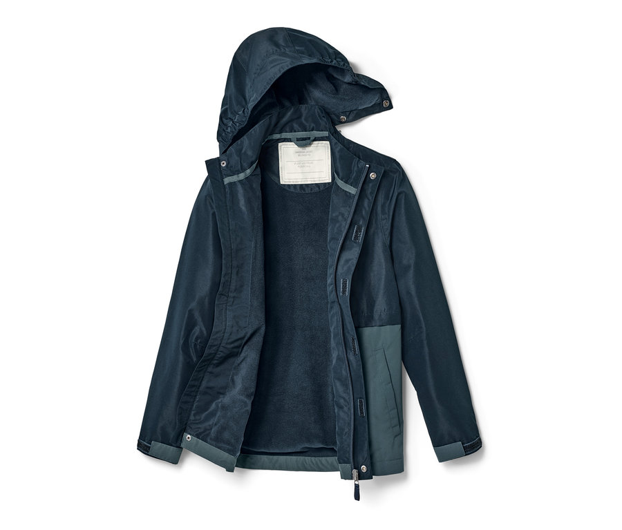 Otvorená detská bunda do každého počasia tmavomodrej farby s kapucňou.