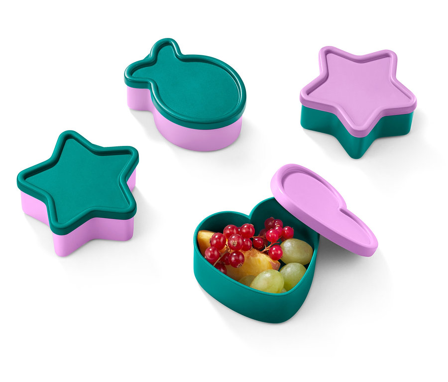 Štyri farebné desiatové boxy v tvare hviezdy, ryby a srdca.