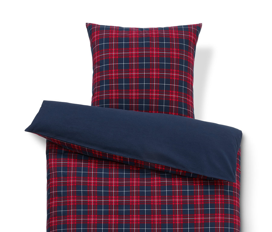 Červeno-modrá kockovaná posteľná bielizeň z česanej bavlny.