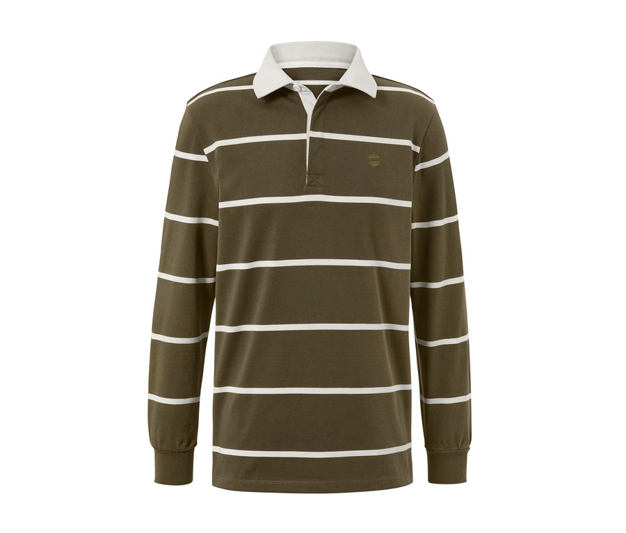 Zobrazená polokošeľa s dlhými rukávmi má olivovú farbu s bielymi vodorovnými pruhmi.