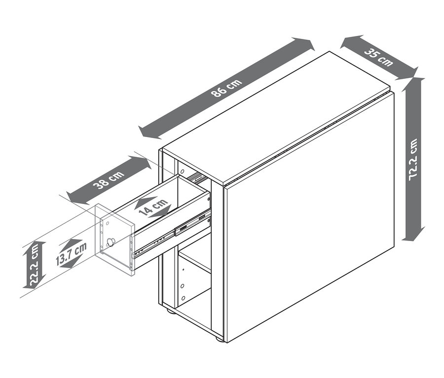 Nákres skrinky s otvorenou zásuvkou a vyznačenými rozmermi.