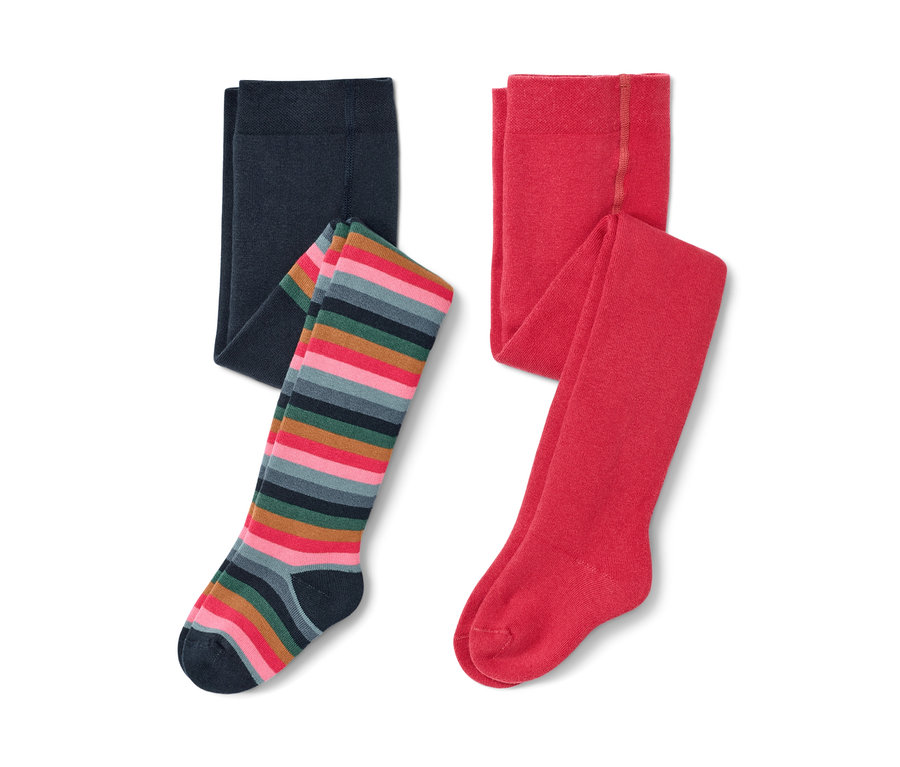 Dvoje detské termopančuchy: jedny tmavomodré a jedny pruhované.