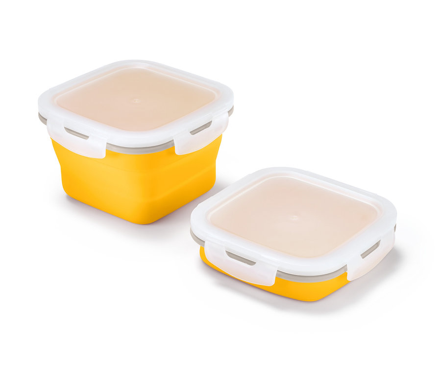 Dózy na potraviny, skladacie, 2 ks, žltej farby s bielymi viečkami.