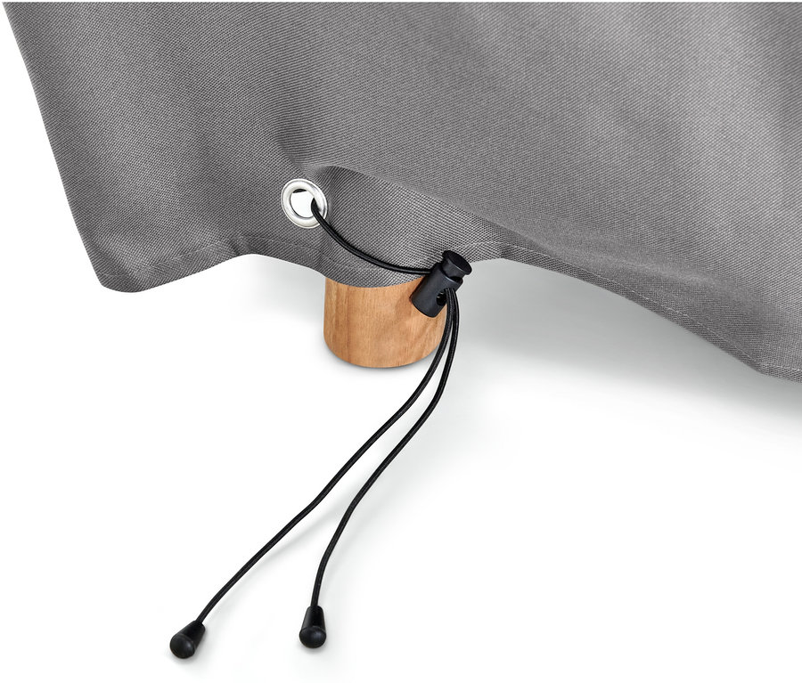 Detail šedého prémiového krycieho obalu pre všetky veľké rozkladacie stoly s čiernou sťahovacou šnúrkou a drevenou nohou stola.