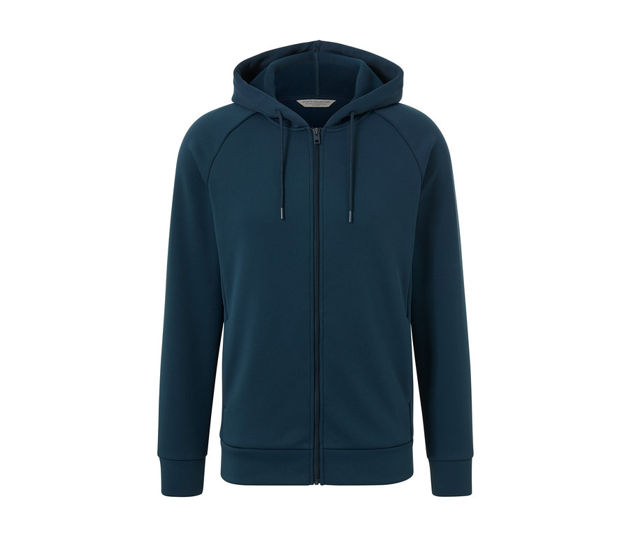 Tmavomodrá funkčná bunda s kapucňou so zipsom v strede.